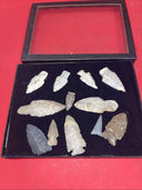 Lot of 12 Native American Indian Arrowhead Artifacts & Display Box 9”x7”. #18