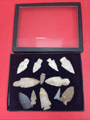 Lot of 12 Native American Indian Arrowhead Artifacts & Display Box 9”x7”. #18