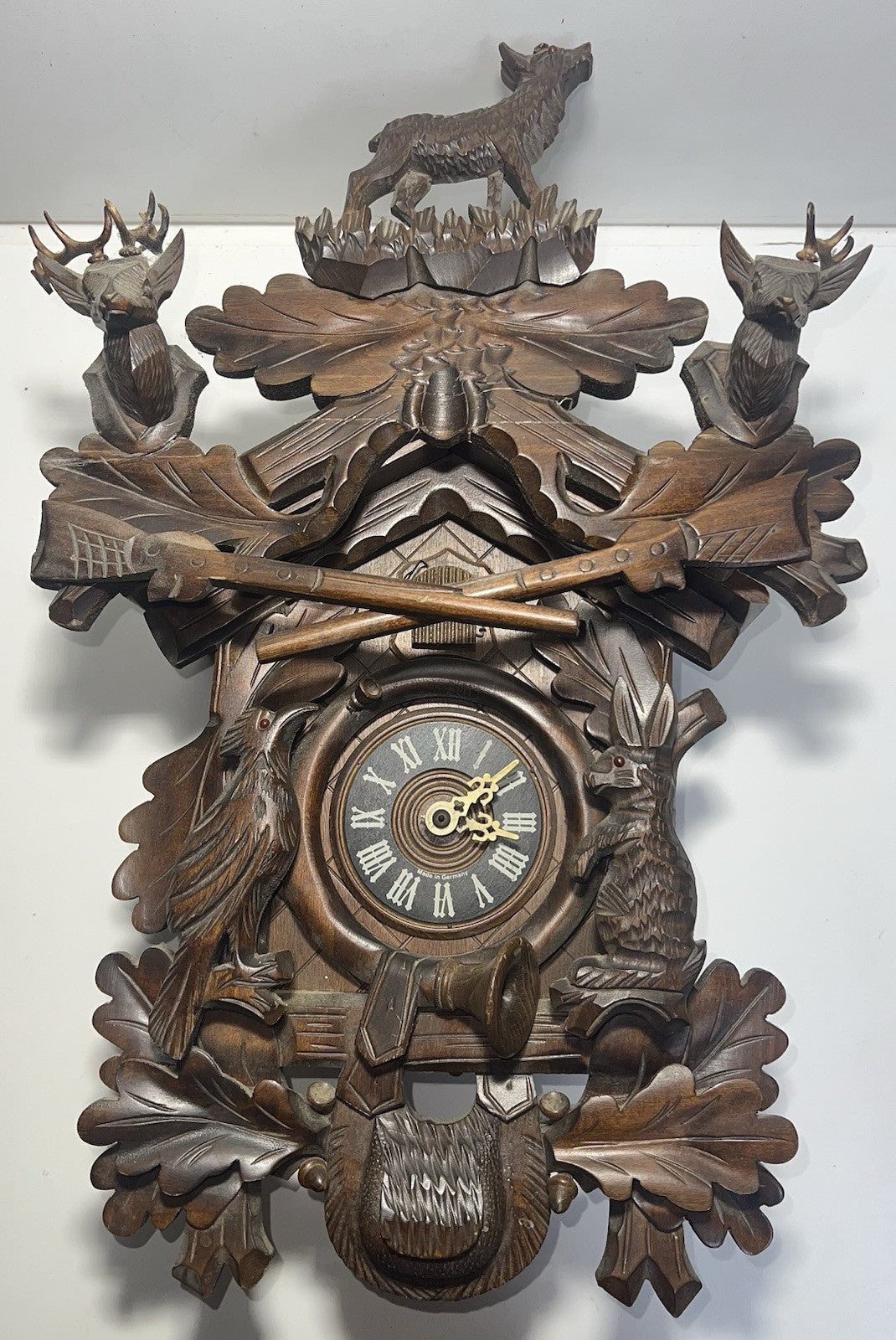Vintage Black Forest German Hunter Cuckoo Wall Clock - Deer & Game Theme Unteste
