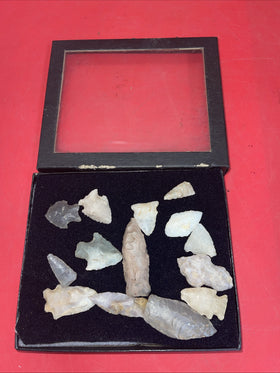 Native American Arrowheads collection in glass case.#26