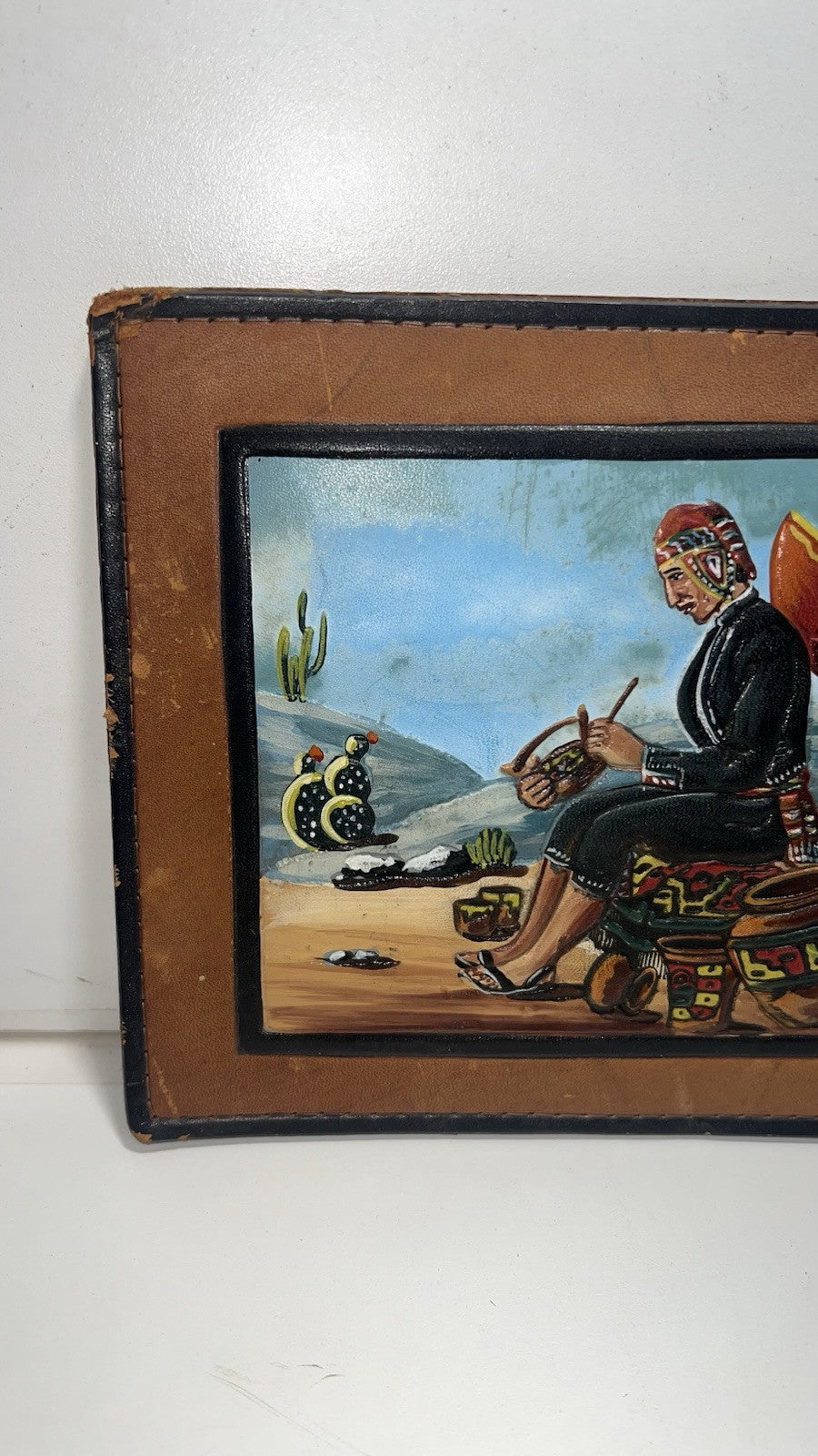Vintage Peruvian Leather Wall Art Hand-Painted by Ibáñez - 8”x6”. Damaged