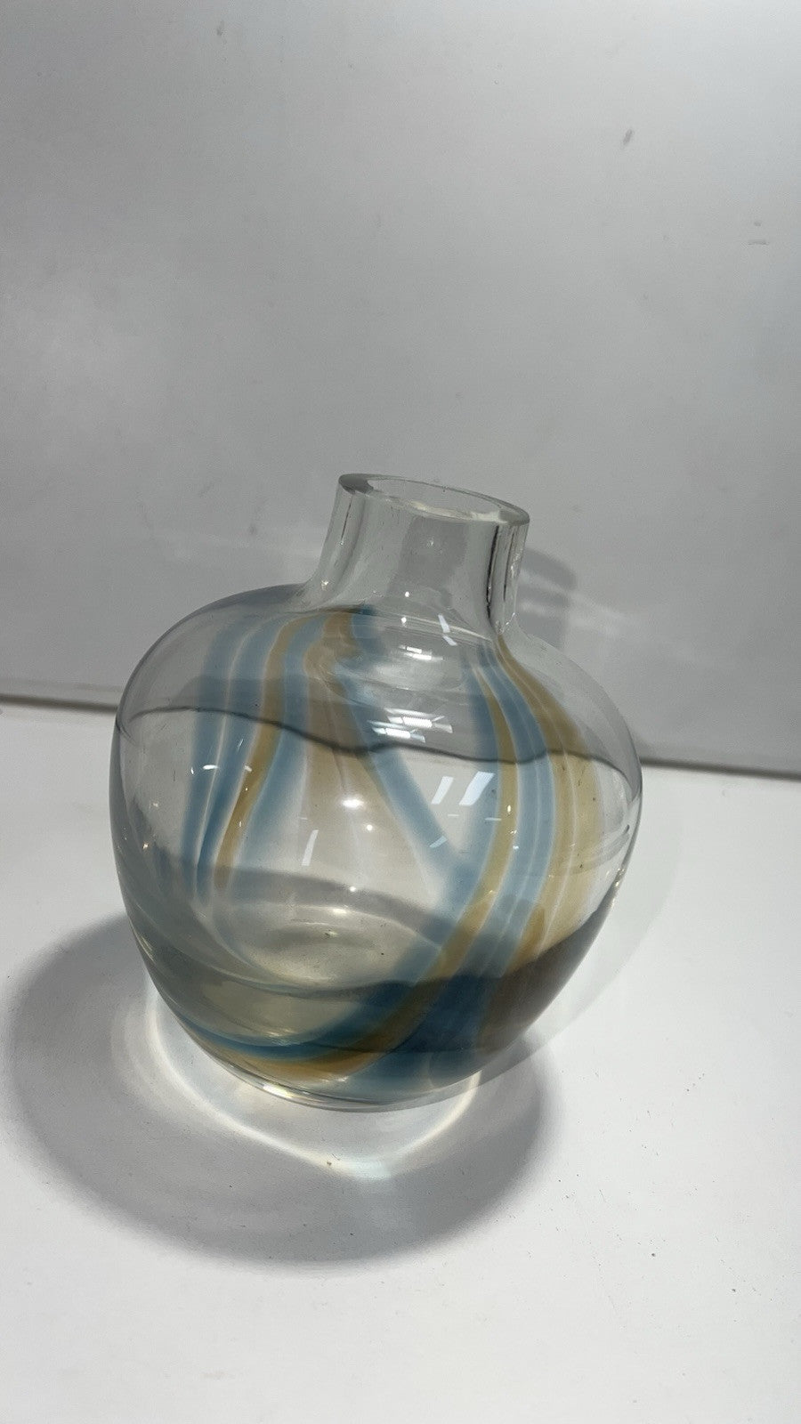 Vintage Hand Blown Art Glass Vase Swirl Design Blue & Amber