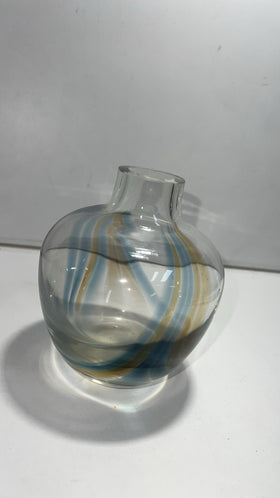 Vintage Hand Blown Art Glass Vase Swirl Design Blue & Amber