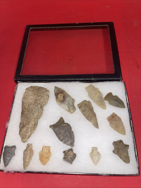 Native American Artifacts Lot 13 w/ Frame Arrowheads Collection 9”x7” Frame #22