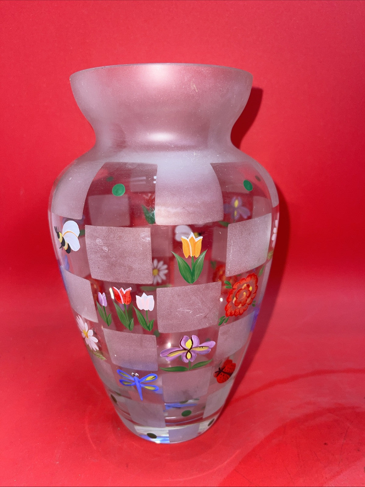 LENOX Nature’s Splendor Vase Hand Painted Designs Frosted Glass Signed 8.5"