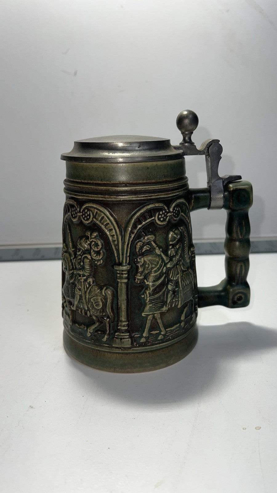 Vintage Green Beer Stein Mug Horse Battle Scene Pewter Lid West Germany