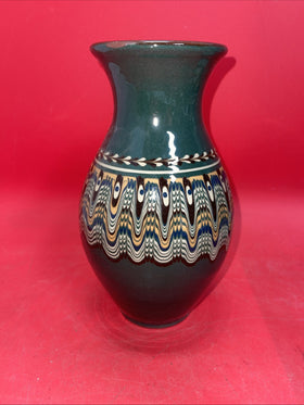 Bulgar Clay Redware Slip Glaze Teal Green Vase Bulgarian Pottery 10” Tall