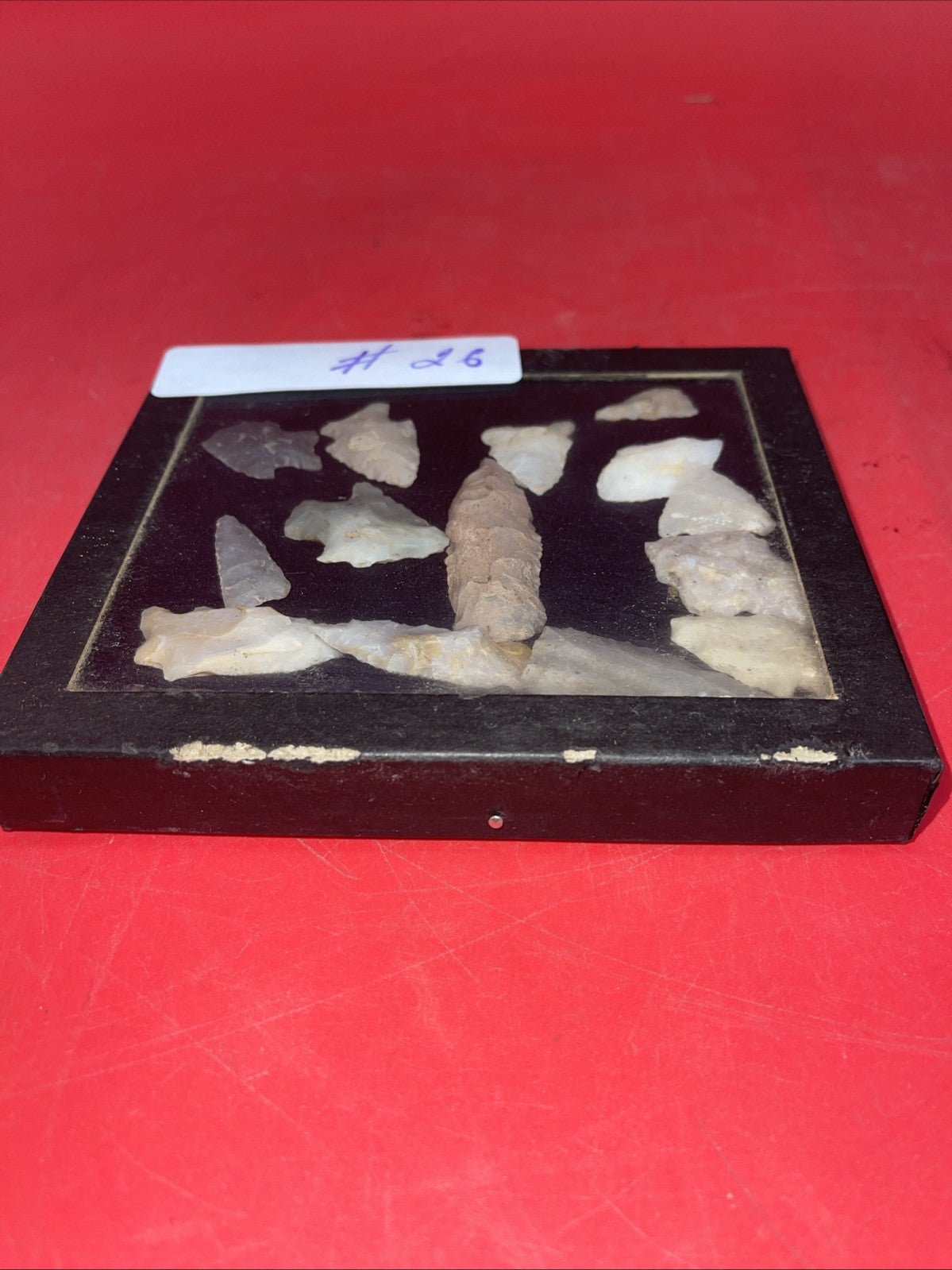 Native American Arrowheads collection in glass case.#26