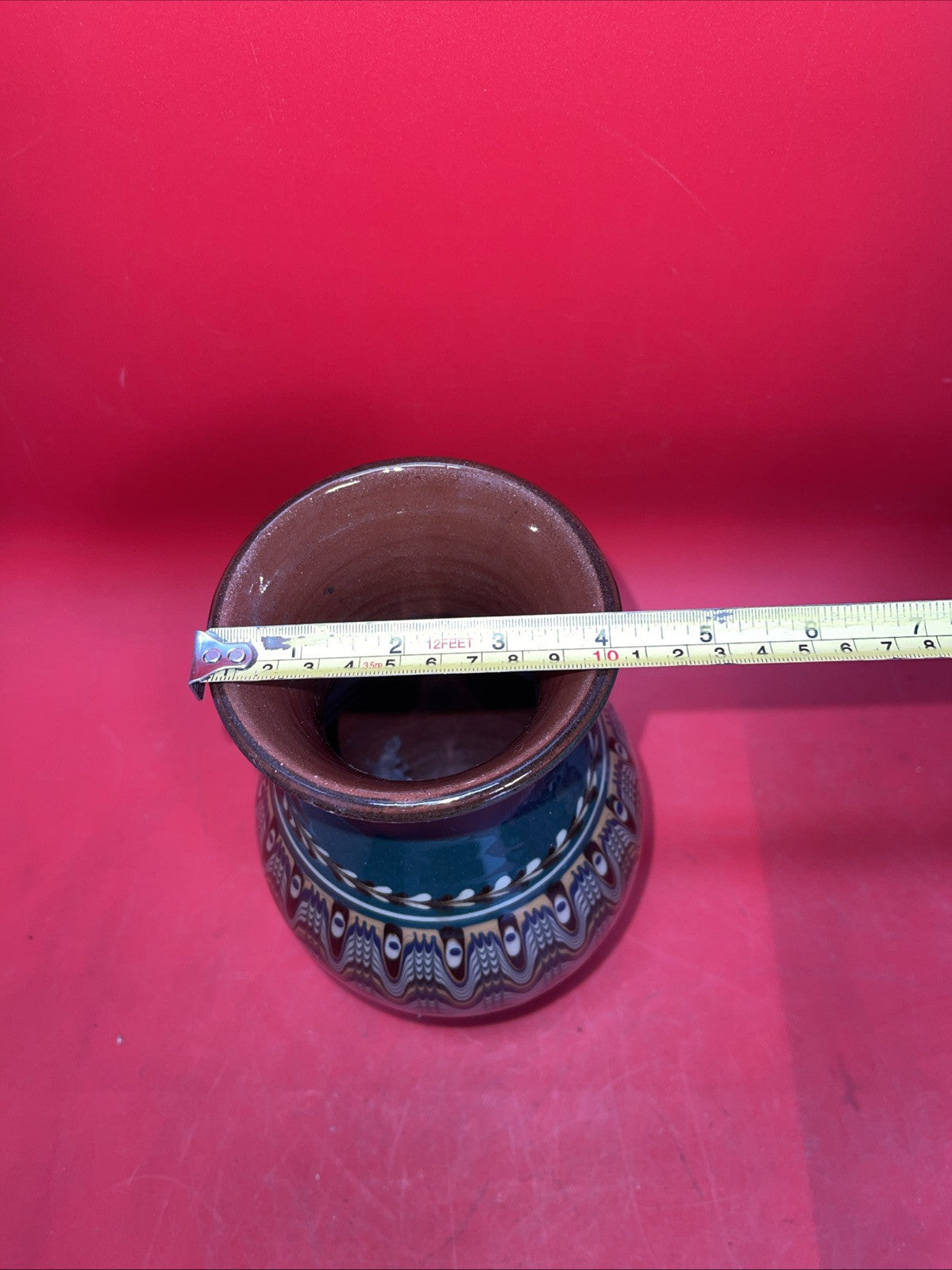 Bulgar Clay Redware Slip Glaze Teal Green Vase Bulgarian Pottery 10” Tall