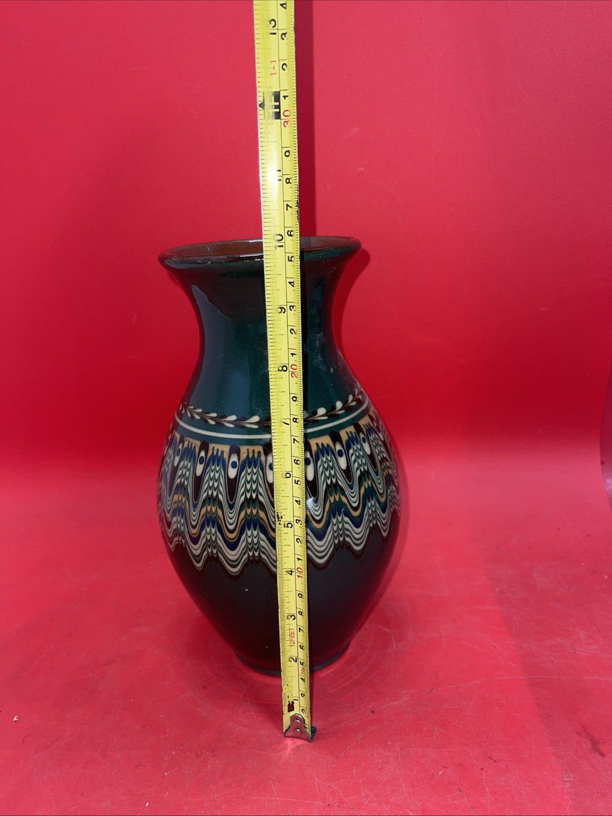 Bulgar Clay Redware Slip Glaze Teal Green Vase Bulgarian Pottery 10” Tall
