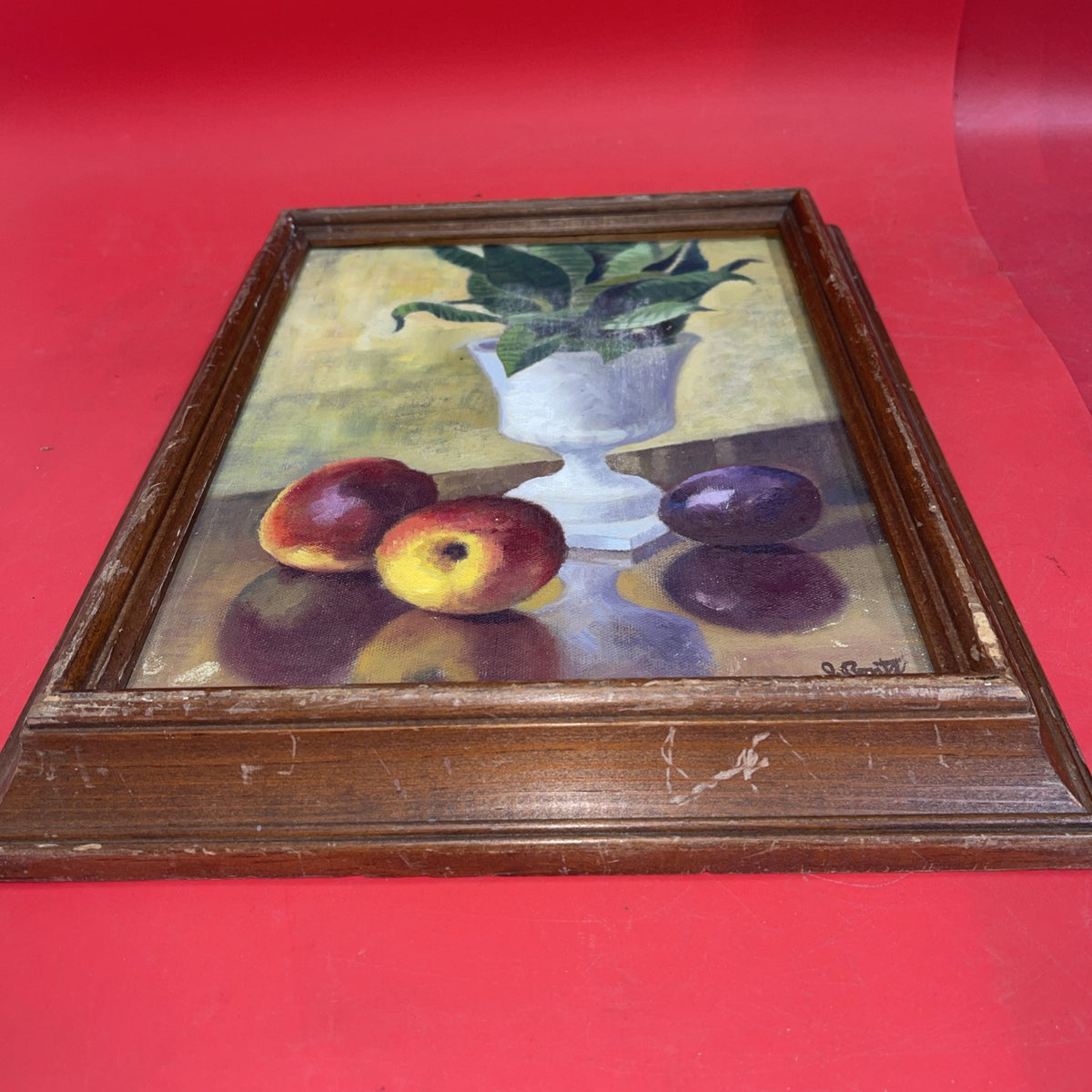 Vintage still life oil on canvas vase, apples and plum .signed