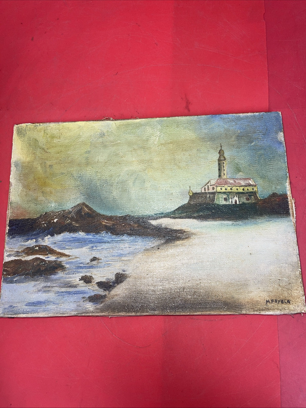 Original Vintage Nautical/Lighthouse Oil Painting By M.Paygla 10.5”x7.5”