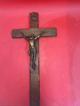 20" Vintage Wooden Crucifix w/ Gold Metal Corpus & Prayer on the Back