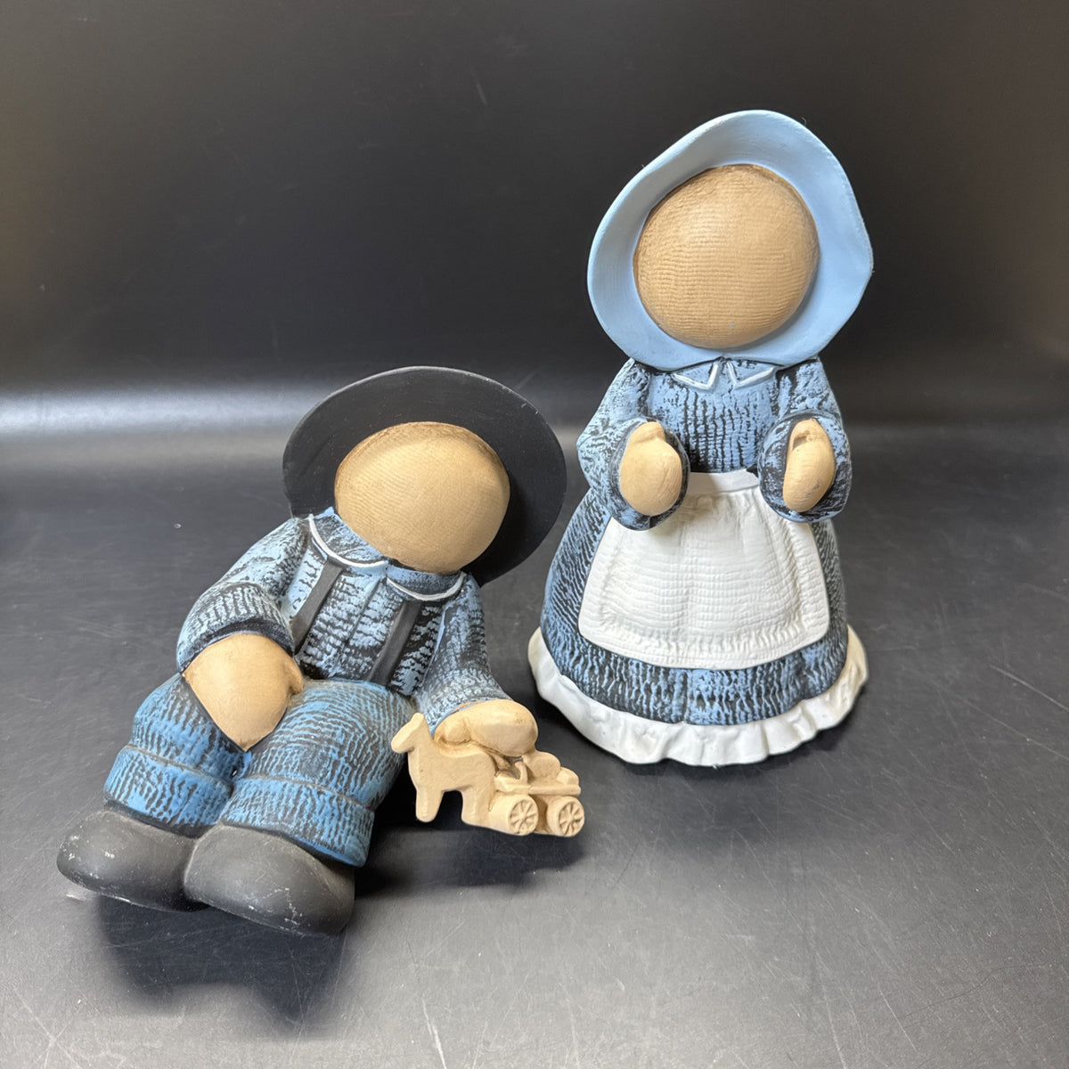Amish Faceless Ceramic Shelf Sitter Boy & Girl Set Pair Hand Painted