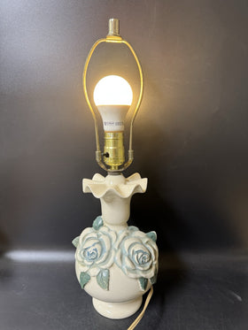 Vintage Small Ruffled Ceramic Lamp with 3-D Roses, Table Desktop Lamp