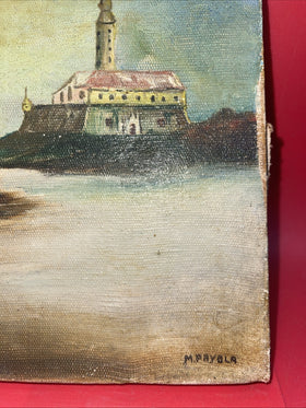 Original Vintage Nautical/Lighthouse Oil Painting By M.Paygla 10.5”x7.5”