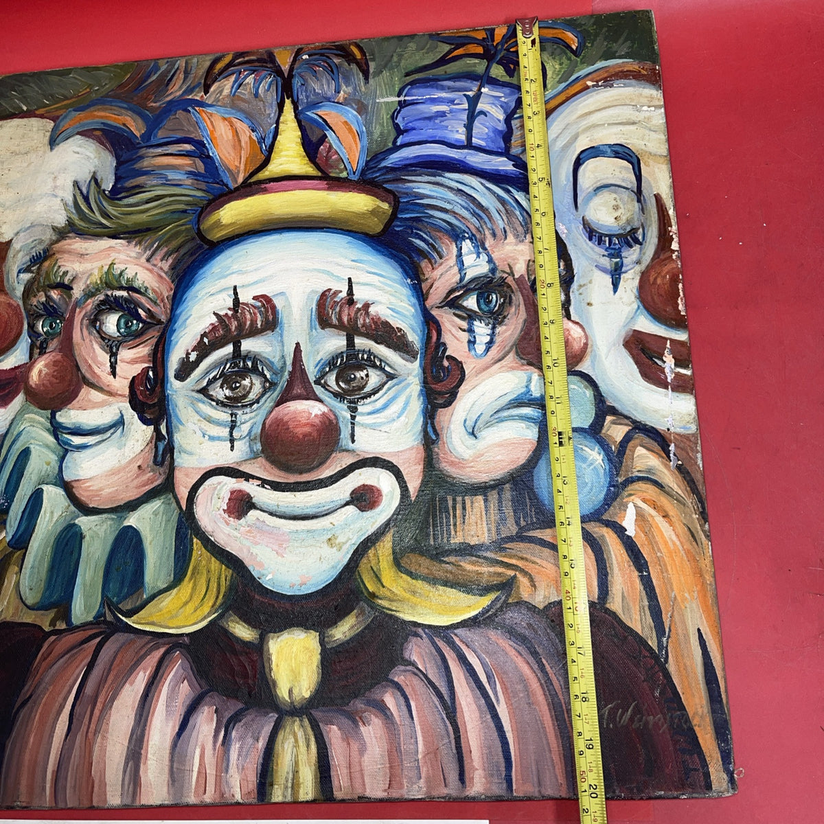 Vintage,,Five Clowns’’T. Weinstock 1980 Oils painting