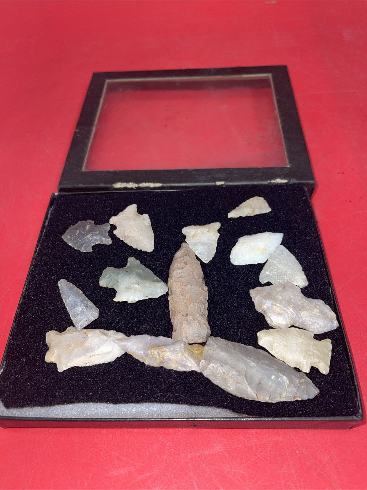 Native American Arrowheads collection in glass case.#26