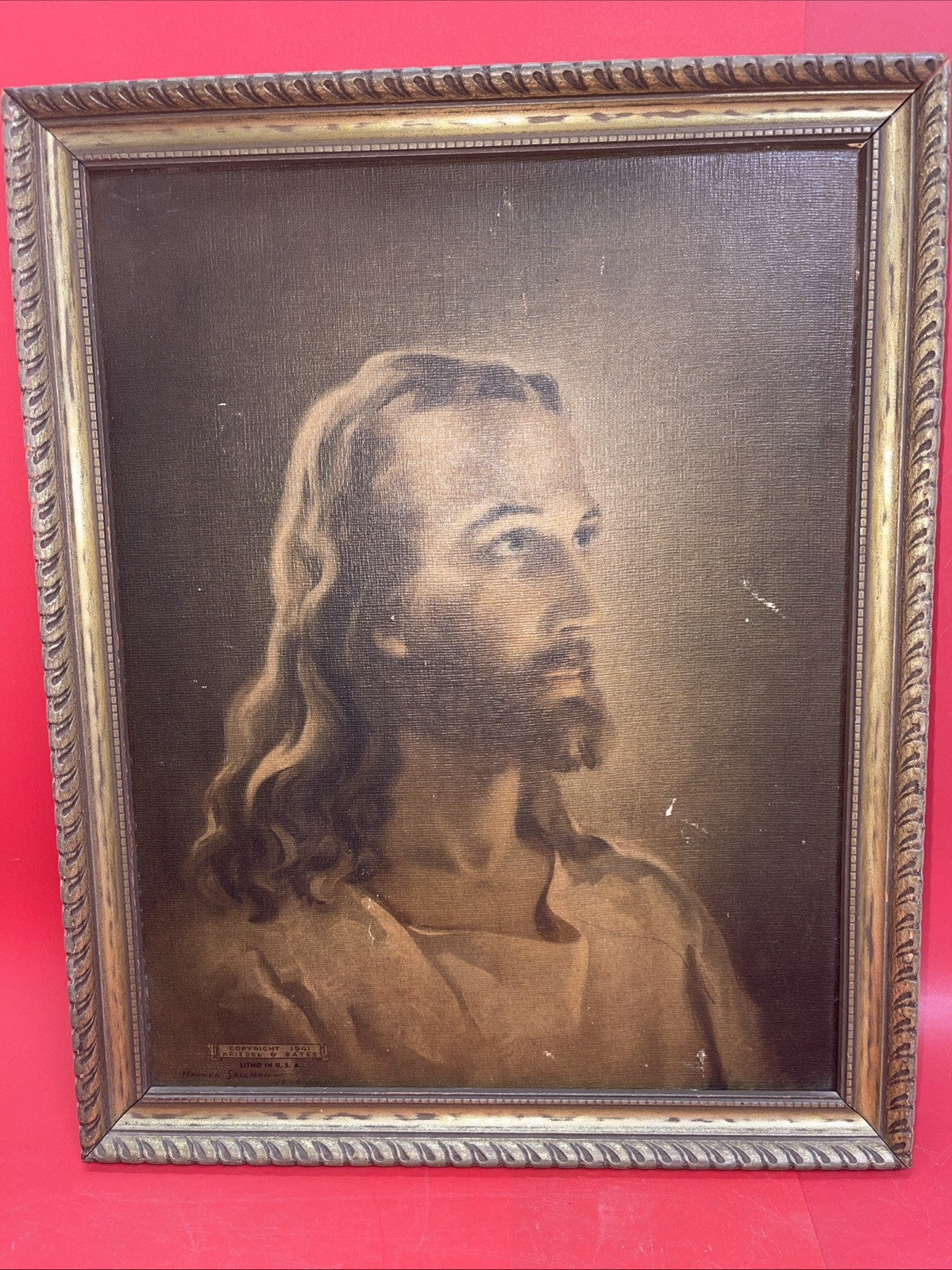 Jesus Christ Litho Print Framed Christian 1940’s  Vintage Warren Sallman 15”x12”