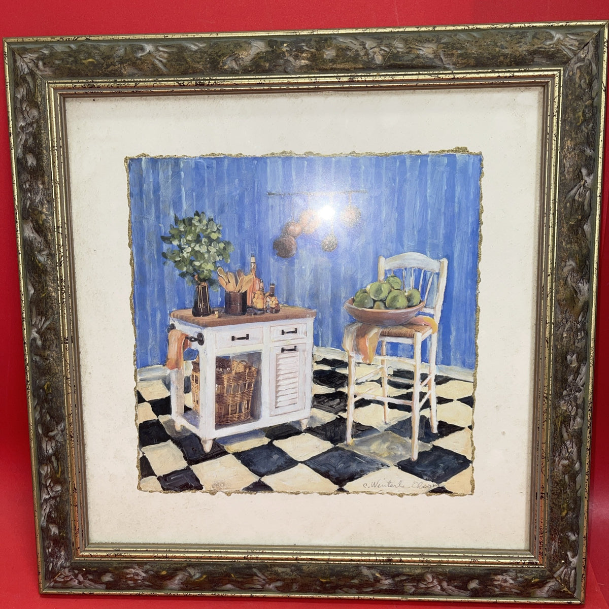 Vintage C. Winterle Olson Print Framed Rustic Kitchen Table Scene GUC