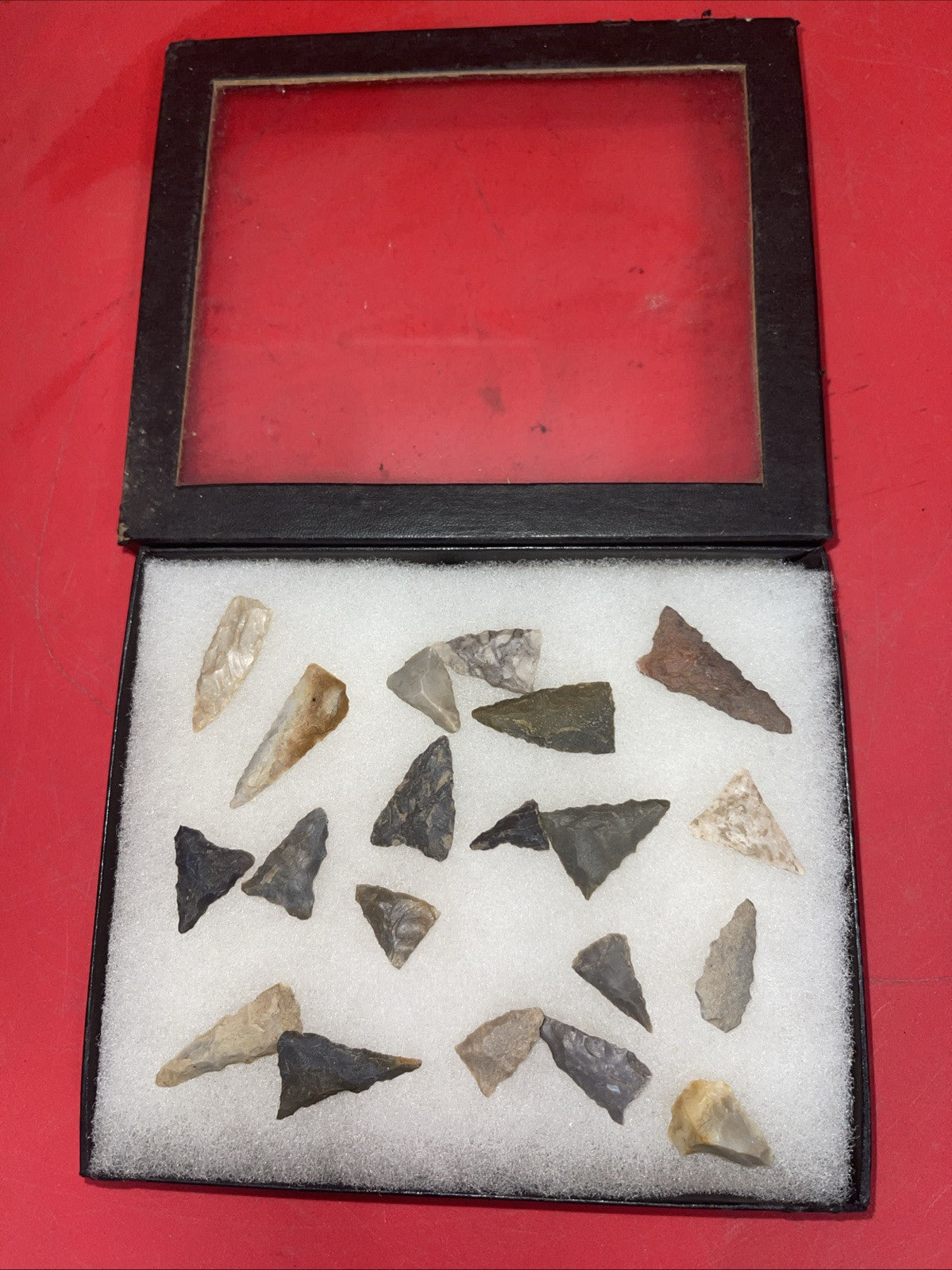 Native American Arrowheads collection in glass case, #27