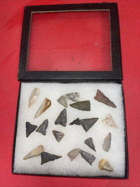 Native American Arrowheads collection in glass case, #27