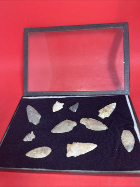 Native American Artifacts Arrowheads Lot 10 Points w/12”x8.5” Frame. #9