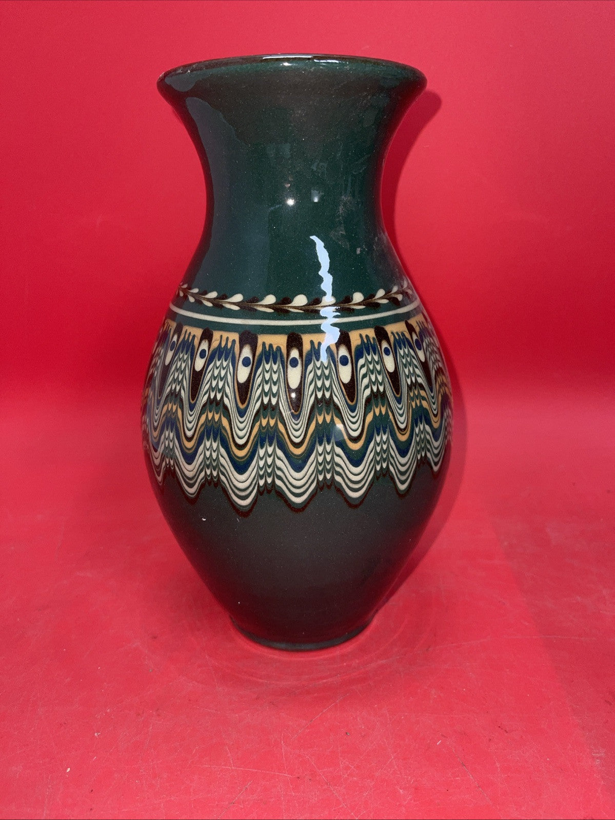 Bulgar Clay Redware Slip Glaze Teal Green Vase Bulgarian Pottery 10” Tall