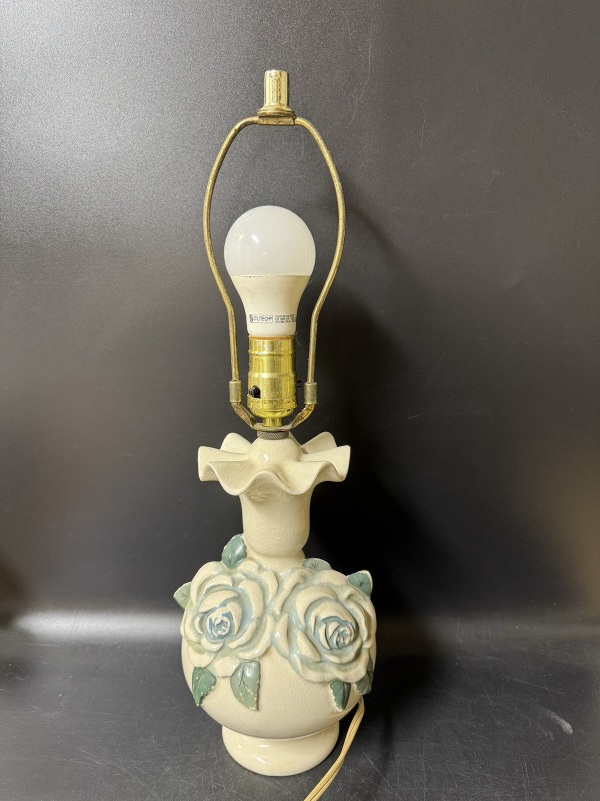 Vintage Small Ruffled Ceramic Lamp with 3-D Roses, Table Desktop Lamp