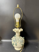 Vintage Small Ruffled Ceramic Lamp with 3-D Roses, Table Desktop Lamp