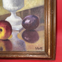 Vintage still life oil on canvas vase, apples and plum .signed