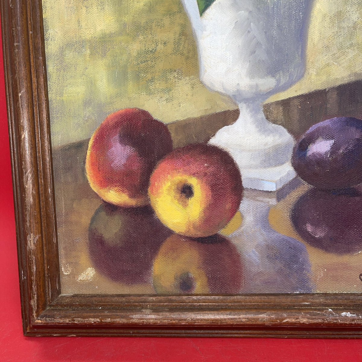 Vintage still life oil on canvas vase, apples and plum .signed