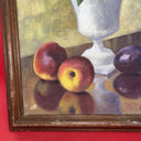 Vintage still life oil on canvas vase, apples and plum .signed