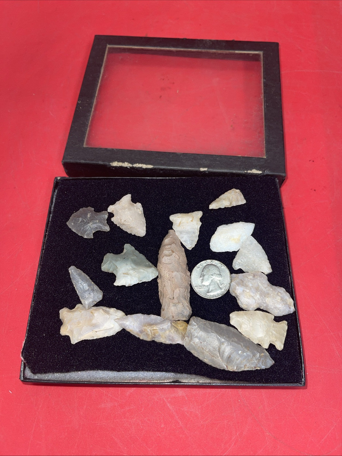 Native American Arrowheads collection in glass case.#26