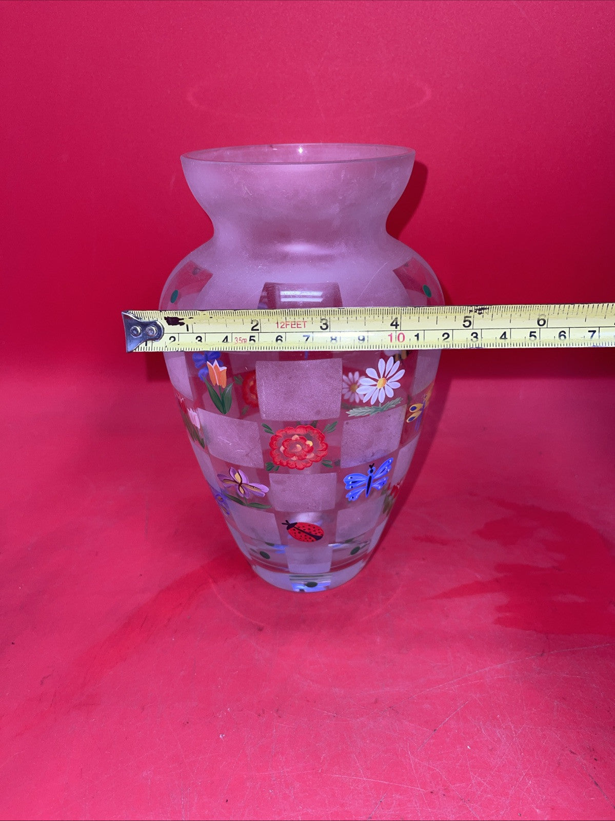 LENOX Nature’s Splendor Vase Hand Painted Designs Frosted Glass Signed 8.5"