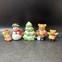 Vintage Homco #5101, 5pc Christmas Figurine/Set Daddy Girl Boy Bear Snowman Tree